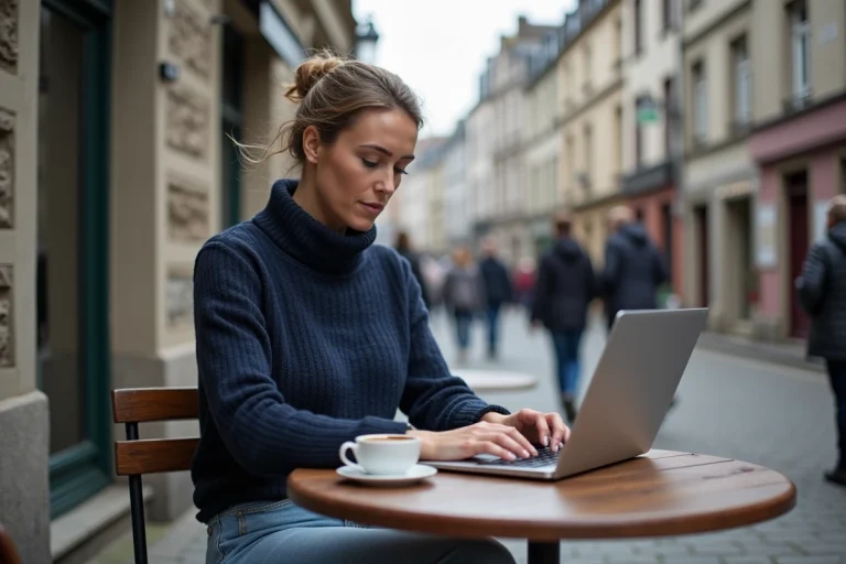 Femme consultant les actualités de Quimper sur son ordinateur dans un café du centre historique breton