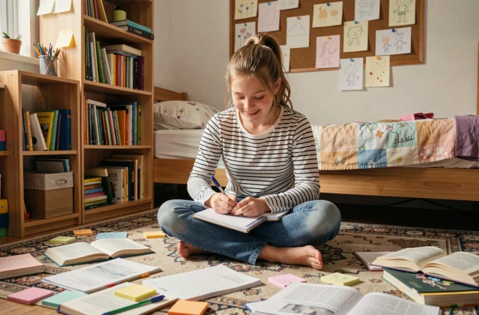Adolescente écrivant une rédaction créative entourée de livres et notes dans sa chambre