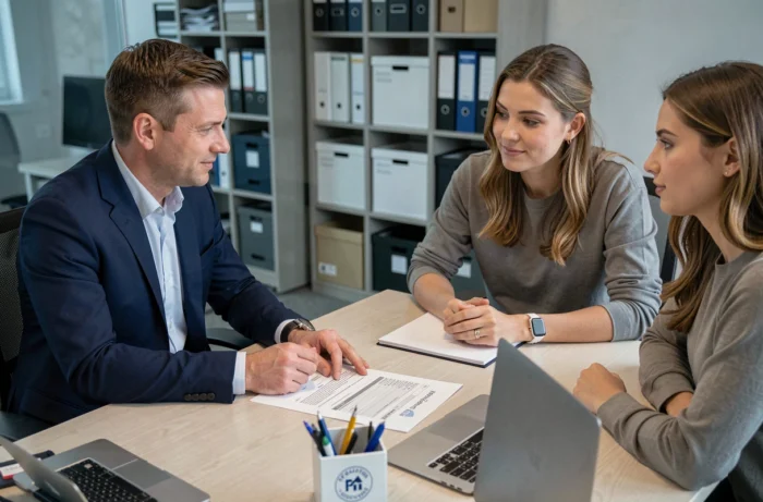 Agent immobilier expliquant un contrat de location à un jeune couple dans une agence professionnelle