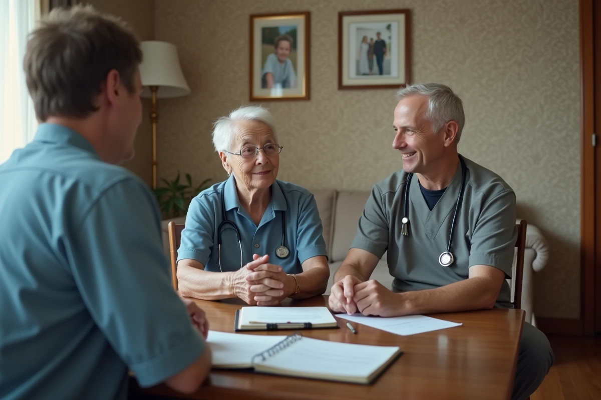 Aide à domicile discute avec une personne âgée dans un salon