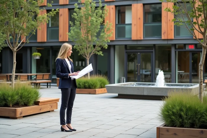 Urbaniste féminine consultant des plans architecturaux dans une place urbaine réaménagée avec des matériaux durables, murs végétaux et pavés en pierre recyclée