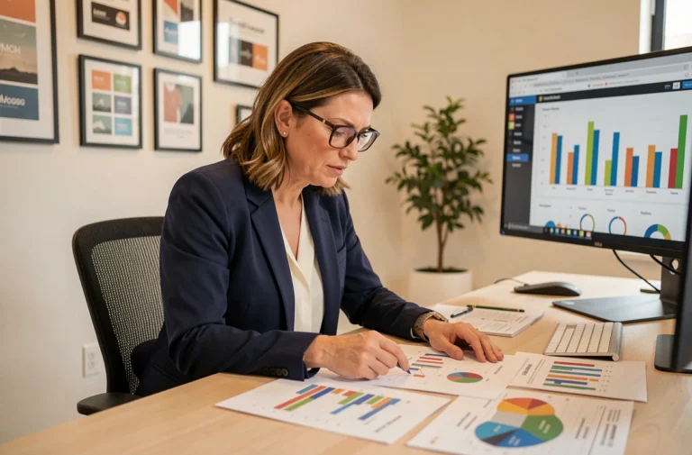 Une professionnelle analyse des données de campagne médias dans un bureau moderne, entourée de graphiques et d'outils marketing