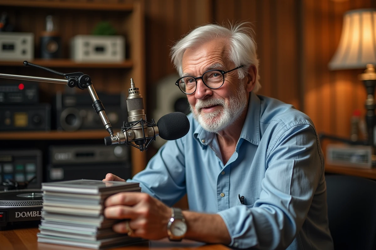 Animateur radio âgé parlant dans un micro en studio