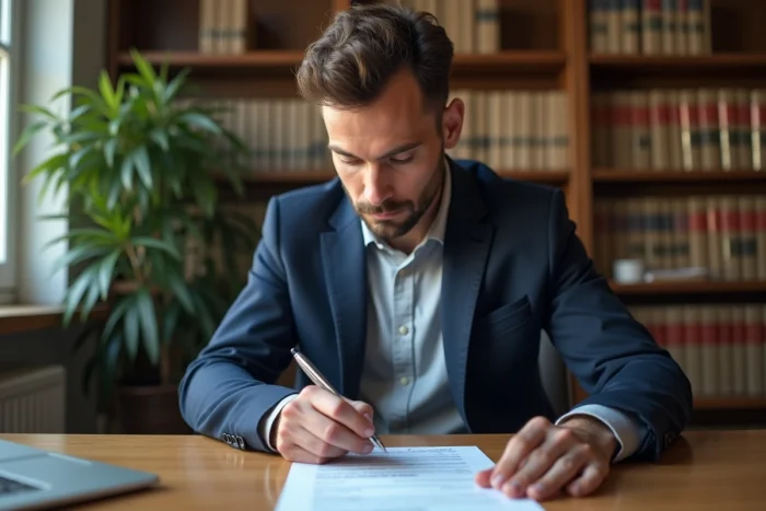 Propriétaire français signant un document d'adhésion à une association de défense des propriétaires dans un bureau à domicile