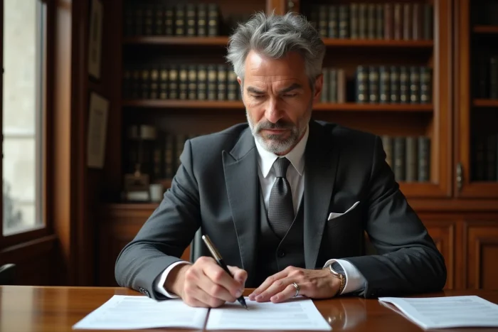 Avocat d'affaires examinant des documents juridiques dans un cabinet parisien prestigieux