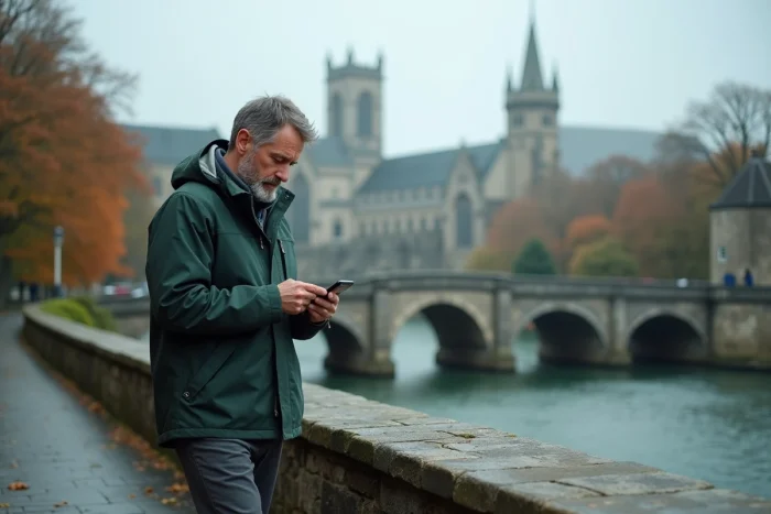 Homme consultant les bons plans de Quimper sur smartphone au bord de l'Odet avec la cathédrale en arrière-plan