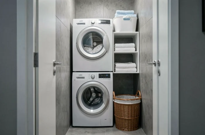 Buanderie fonctionnelle avec lave-linge et sèche-linge empilés dans un logement bien organisé