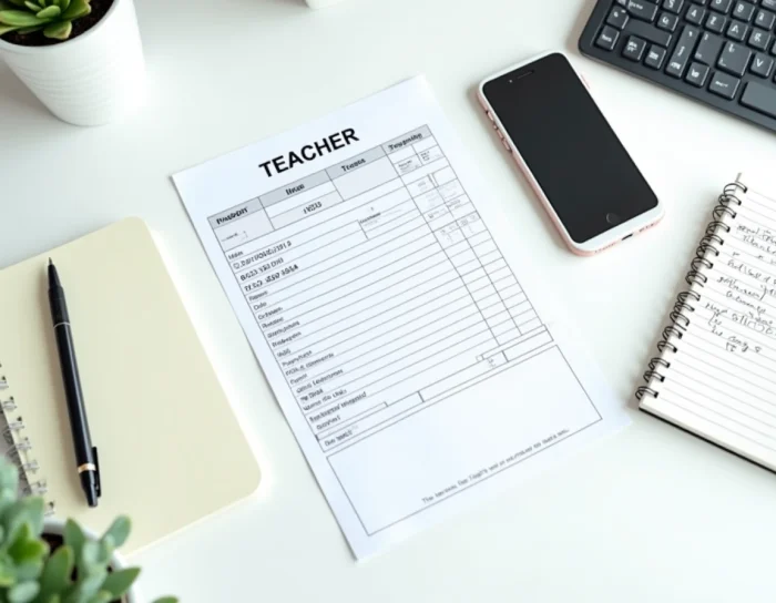 Vue aérienne d'un bulletin de salaire enseignant imprimé posé sur un bureau avec un smartphone affichant le portail RH