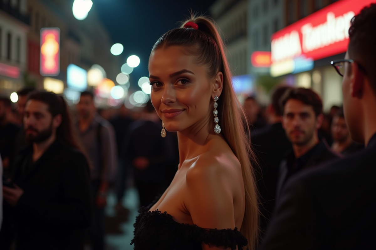 Célébrité confiante posant pour les paparazzis en soirée