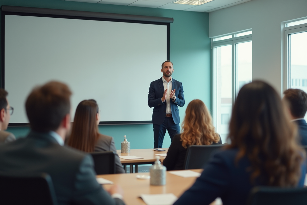 Conférencière confiante dans une salle moderne et lumineuse