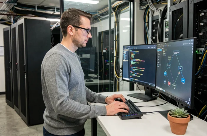 Consultant informatique masculin configurant une infrastructure réseau sur double écran dans un environnement de salle serveur moderne