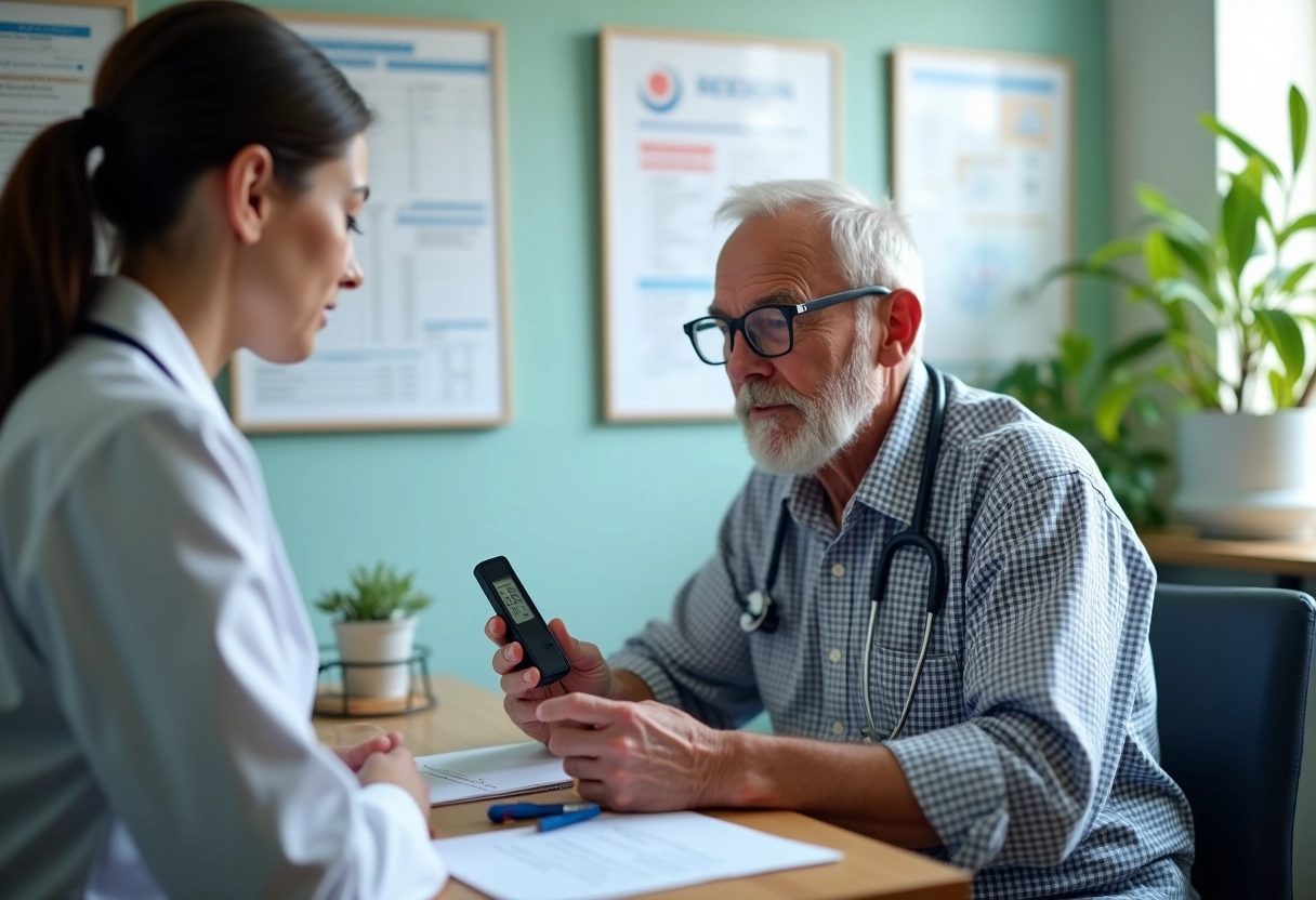 Homme âgé discutant de son résultat de ketone avec un professionnel