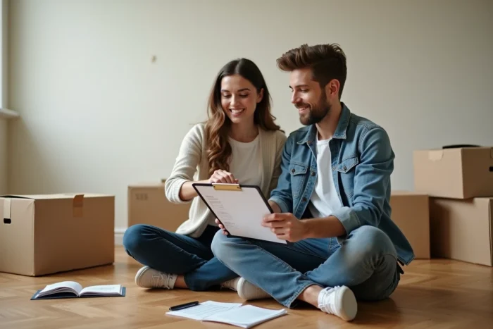 Couple révisant une liste de déménagement et un budget sur le sol d'un appartement vide