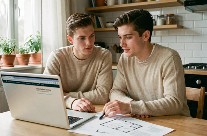 Couple de propriétaires consultant des informations foncières sur un ordinateur portable à la maison