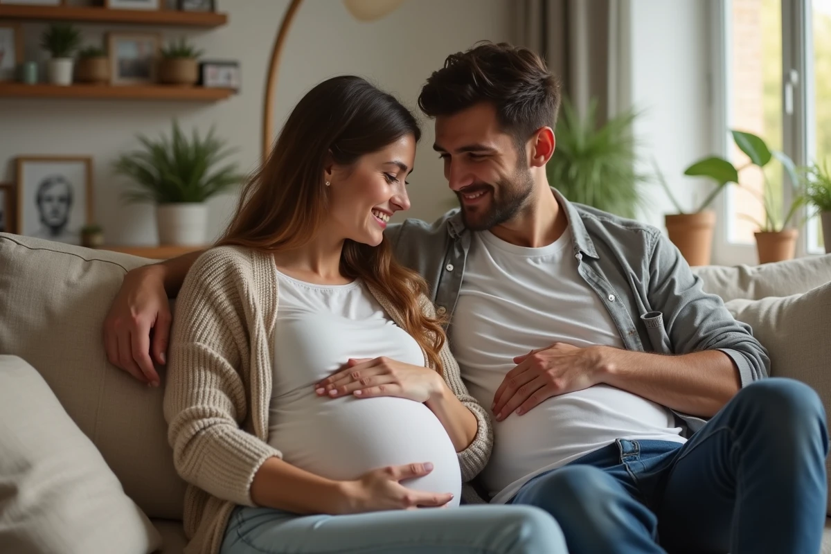 Couple heureux avec ventre rond à la maison
