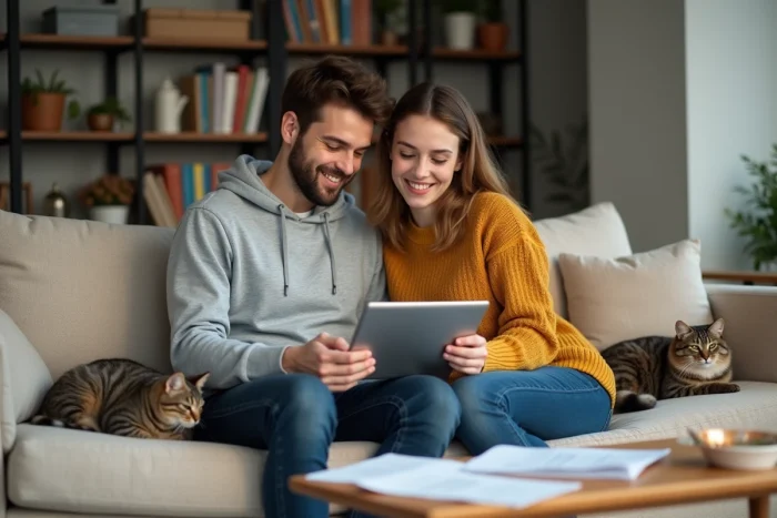 Couple consultant des documents d'assurance pour leur chat sur un canapé dans un appartement moderne