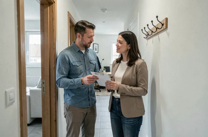 Couple visitant un appartement à louer et vérifiant l'état des lieux avec une checklist