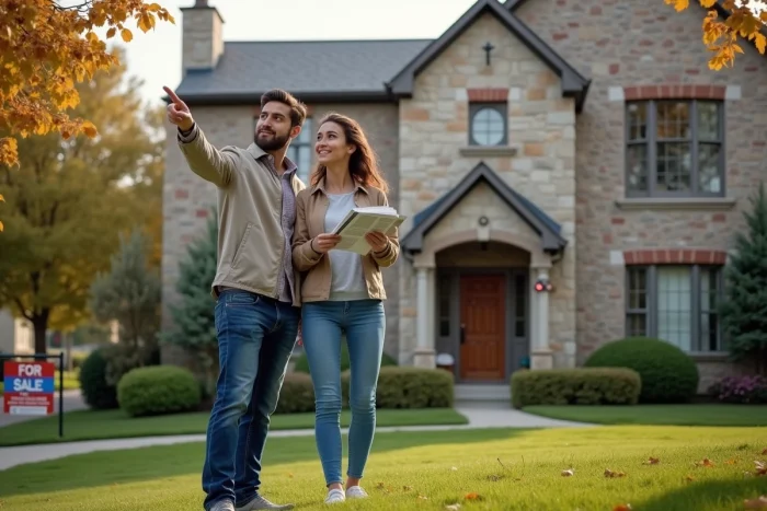 Couple visitant une maison à vendre dans un quartier résidentiel calme