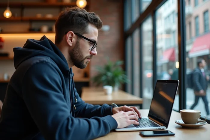 Développeur web travaillant sur son laptop dans un café urbain, illustrant les tendances du numérique