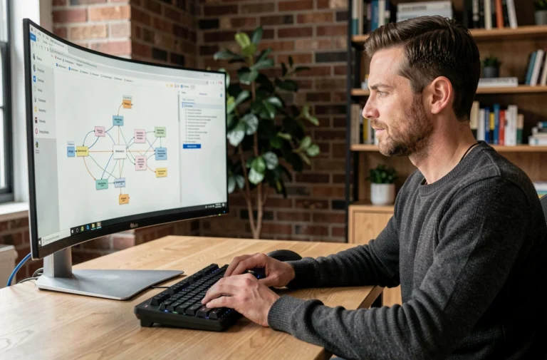 Développeur web analysant un sitemap de site automobile sur un écran d'ordinateur dans un bureau moderne