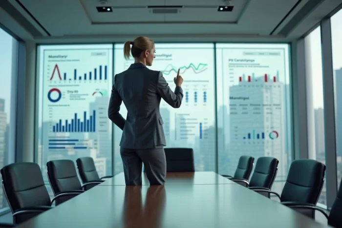 Directrice administrative et financière présentant des tableaux de bord financiers dans une salle de conseil
