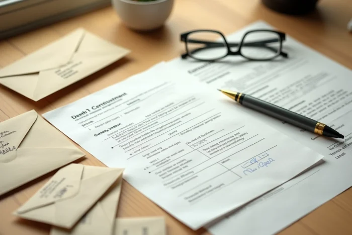 Documents administratifs pour la réexpédition du courrier d'une personne décédée, formulaire officiel et enveloppes