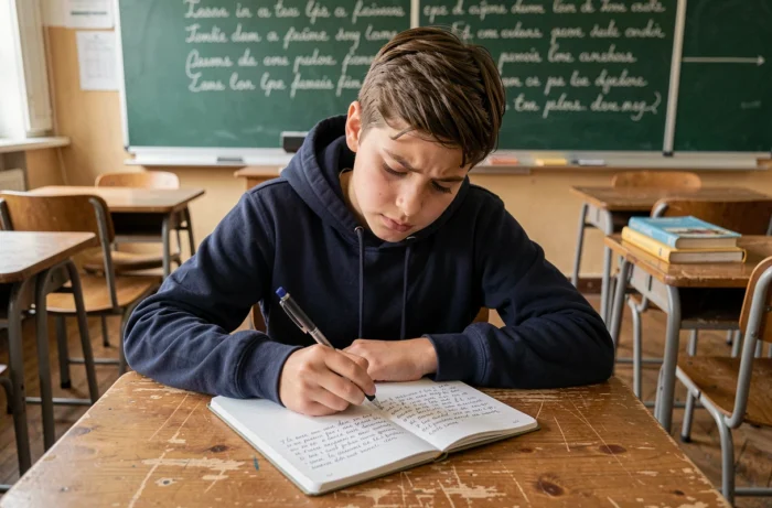 Élève de 4e concentré sur un sujet de rédaction dans une salle de classe française traditionnelle