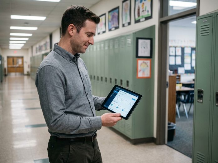 Enseignant consultant une interface de gestion d'annonces scolaires sur tablette dans un couloir d'école