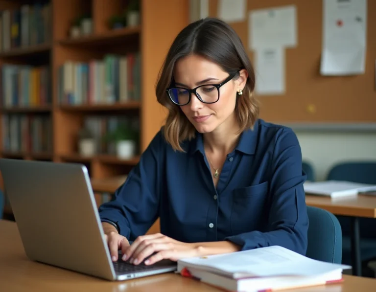 Enseignante consultant son bulletin de salaire en ligne sur un ordinateur portable dans la salle des professeurs