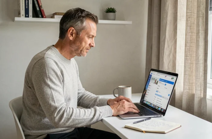 Un entrepreneur travaille seul sur une campagne publicitaire digitale depuis son bureau à domicile, optimisant la visibilité de son entreprise