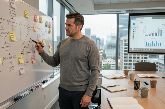 Entrepreneur présentant une stratégie de croissance devant un tableau blanc dans une salle de réunion