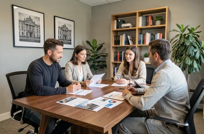 Deux entrepreneurs consultant un conseiller professionnel autour de documents stratégiques dans un bureau moderne