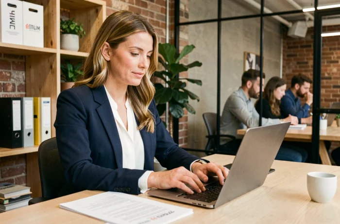 Entrepreneuse concentrée travaillant sur son ordinateur dans un espace de coworking moderne