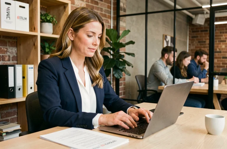Entrepreneuse concentrée travaillant sur son ordinateur dans un espace de coworking moderne