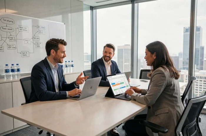 Équipe de trois professionnels collaborant autour d'un logiciel de gestion de projet sur tablette et ordinateur portable en salle de réunion moderne