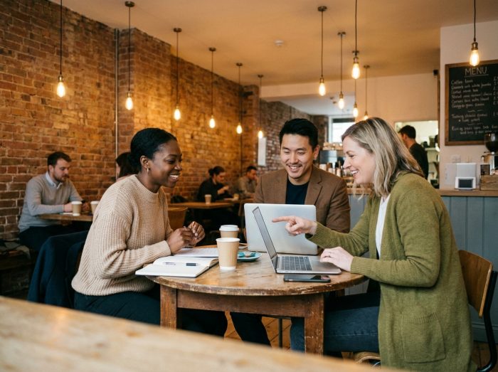 Groupe de professionnels travaillant ensemble dans un café coworking avec ordinateurs portables et documents