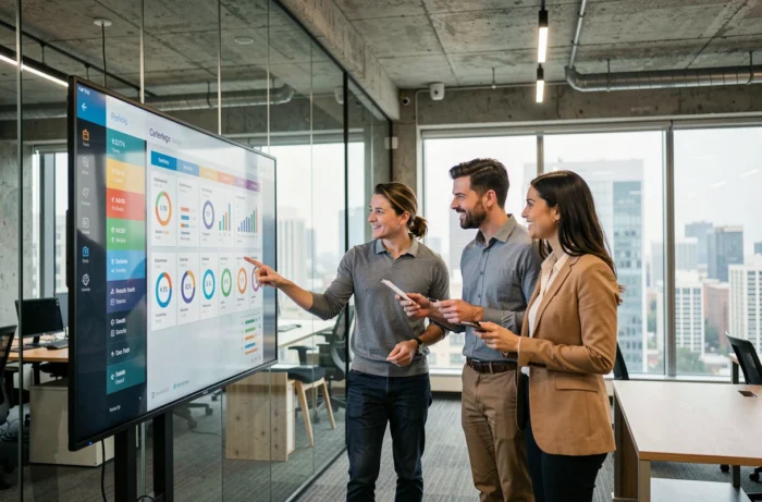 Une équipe marketing collabore autour d'un tableau de bord digital pour optimiser une campagne médias en entreprise