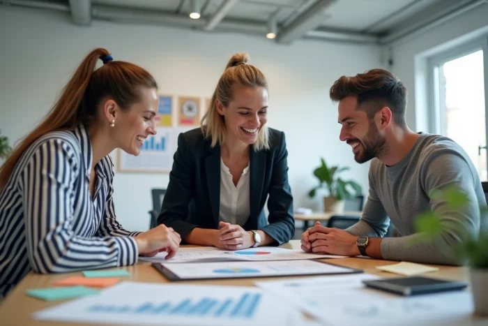 Équipe de professionnels collaborant sur une stratégie de présence digitale dans un espace de travail moderne