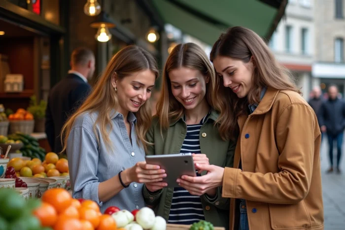Groupe de jeunes consultant les événements locaux de Quimper sur tablette au marché artisanal breton