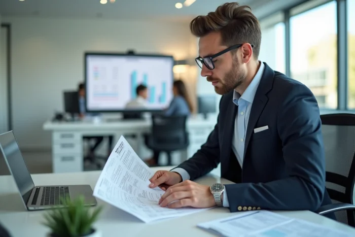 Expert-comptable analysant des états financiers dans un cabinet d'expertise comptable moderne