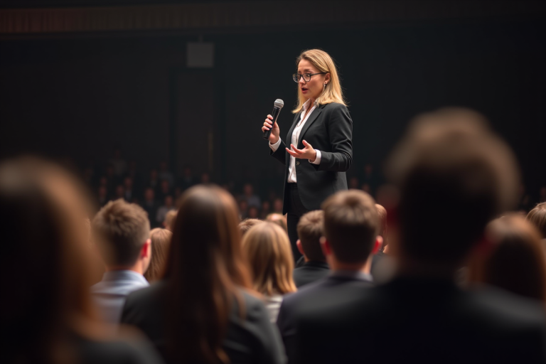 Femme d'affaires nerveuse sur scène avec micro lors d'un discours