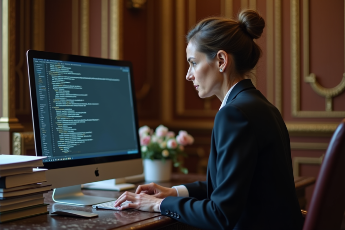 Femme d'affaires française analysant du code sur un grand écran