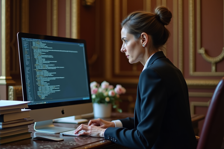 Femme d'affaires française analysant du code sur un grand écran