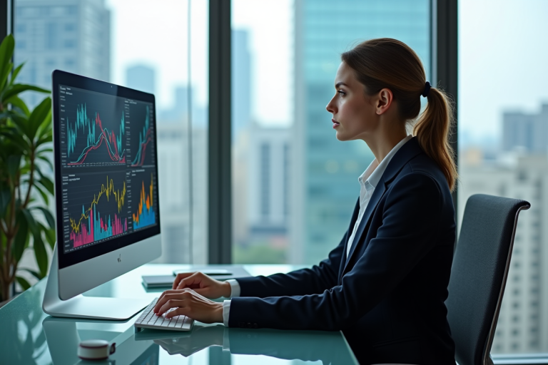 Jeune femme d'affaires analysant des graphiques colorés