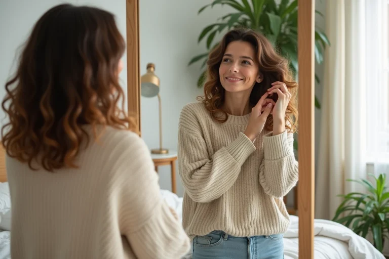 Femme souriante en intérieur avec miroir et plantes
