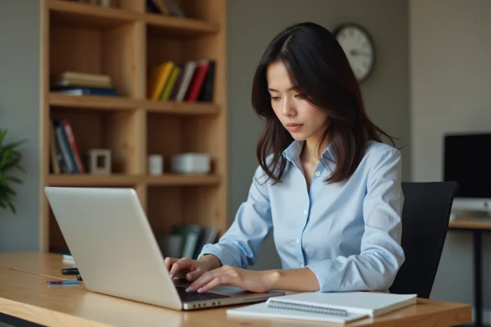 Jeune femme concentrée travaillant sur un ordinateur au bureau