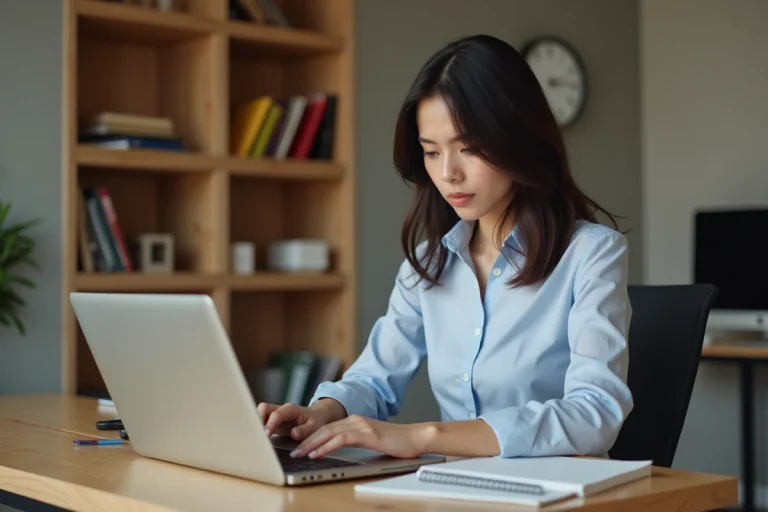 Jeune femme concentrée travaillant sur un ordinateur au bureau