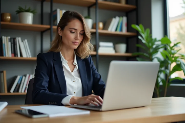 Femme professionnelle travaillant sur son ordinateur dans un bureau moderne