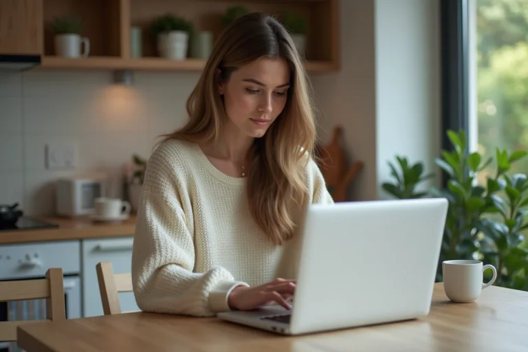 Femme concentrée sur son ordinateur dans une cuisine chaleureuse
