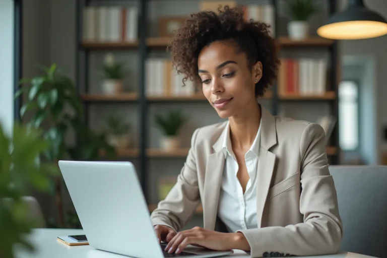 Femme au bureau travaillant sur son ordinateur portable